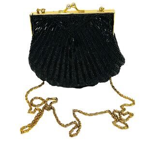 Vintage Valerie Stevens black beaded evening bag converts clutch purse clamshell